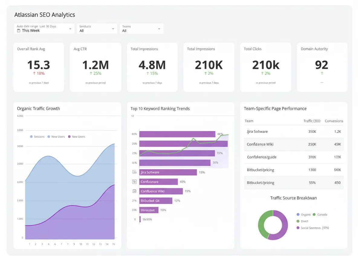 Analytics dashboard displaying Atlassian's SEO performance metrics including keyword rankings, organic traffic growth, and team-specific page analytics