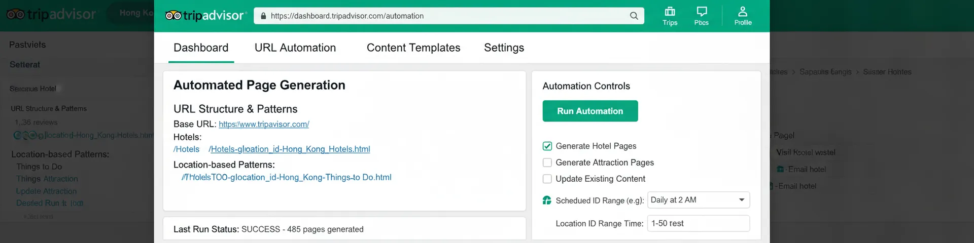 TripAdvisor URL Structure and Page Generation Dashboard