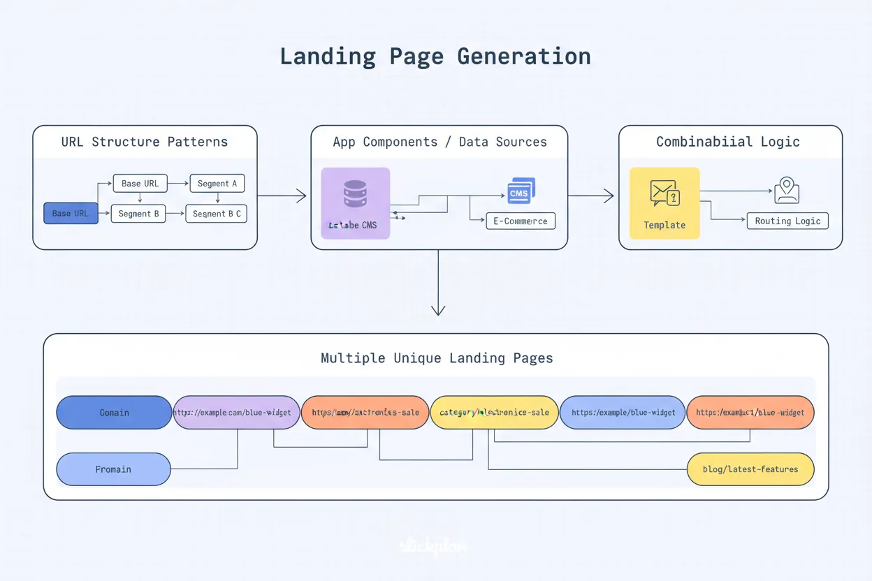 Visualization of Zapier's URL structure patterns showing how app combinations create thousands of unique landing pages