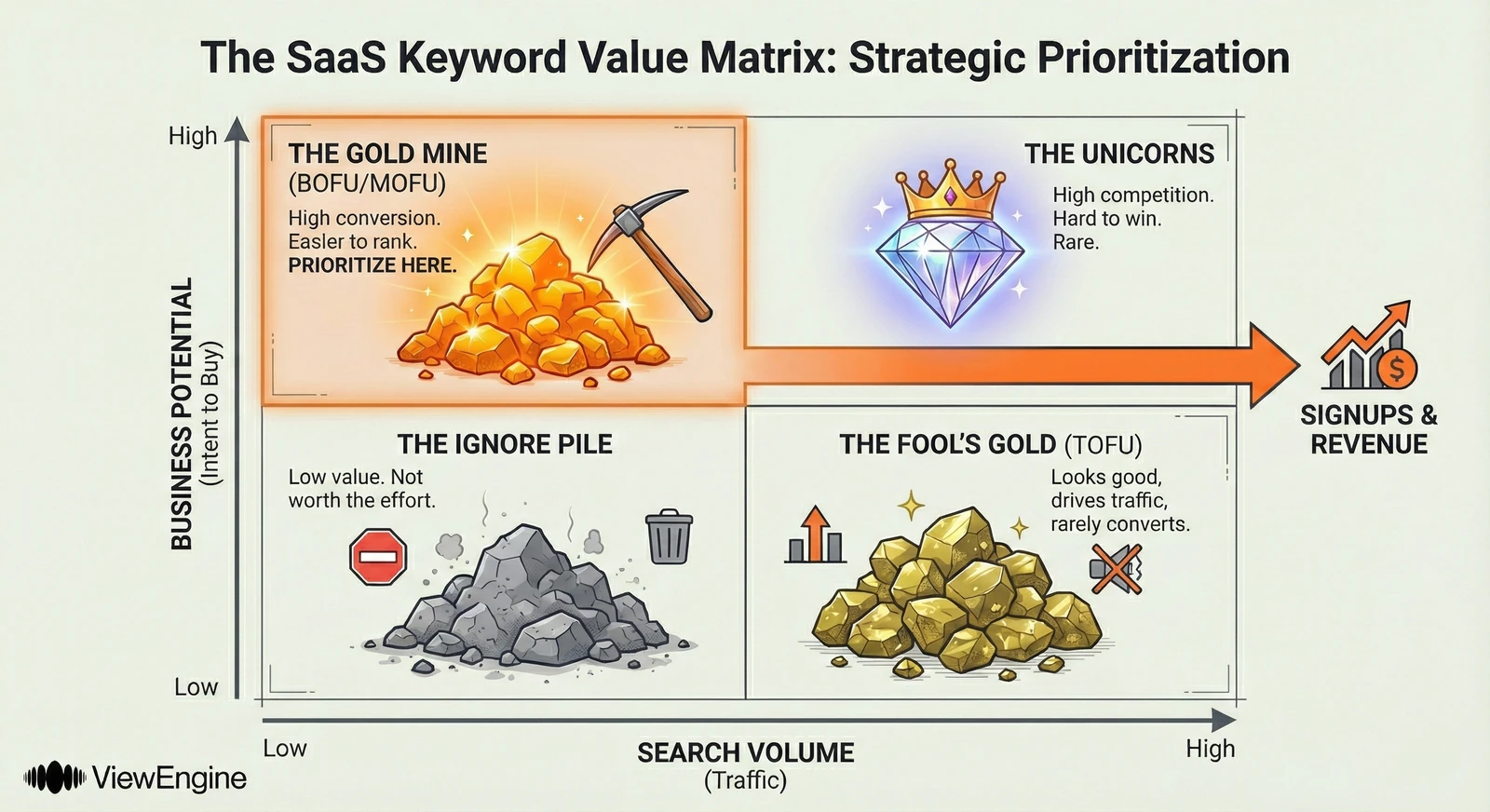 A 4-quandrant matrix. Target high-intent, lower-competition keywords that actually convert—and build pipeline faster.